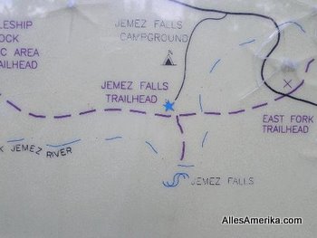 Kaart van de Jemez Falls-wandeling