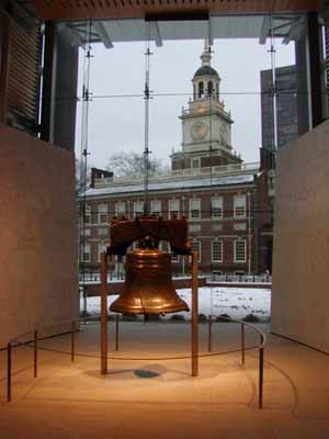 De Liberty Bell met als achtergrond Independence Hall